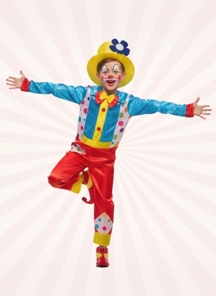 بريميم طقم زي مهرج ملون للأطفال - زي مهرج سيرك مضحك مع قبعة وقوس لحفلات الأزياء التنكرية وأعياد الميلاد والعروض المسرحية - Image 1